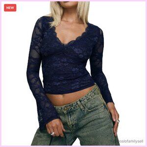 Lace Bell Sleeve Crop Top V-Neck Long Sleeve Y2K Chic Blouse